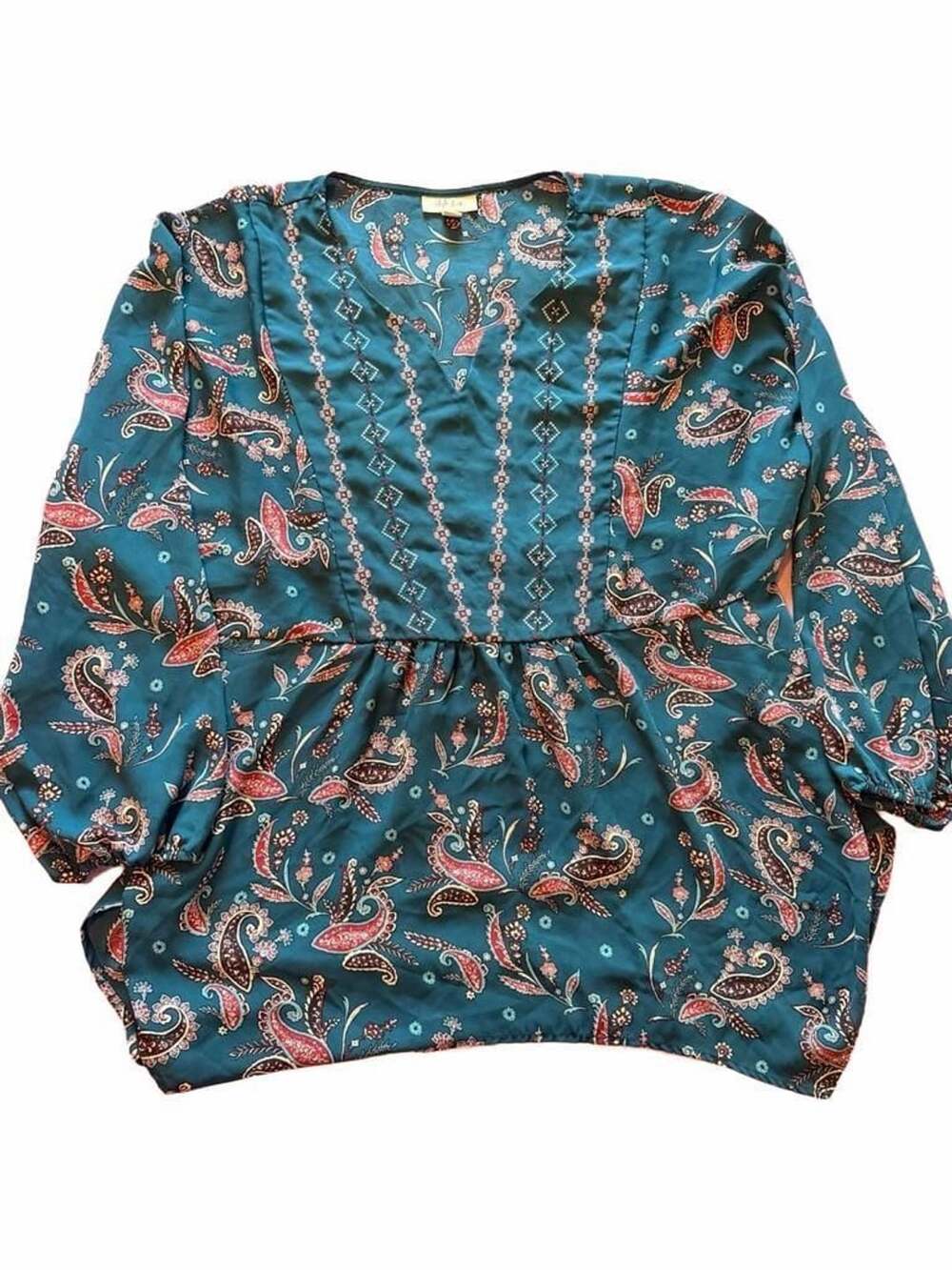 Style & Co Green Paisley Print Embroidered Handkerchief Hem Peasant Boho Top XL